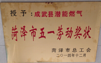 成武县mg冰球突破官网入口燃气有限公司获得2014年度“菏泽市五一劳动奖状”及“菏泽市学习型组织标兵单位”称号